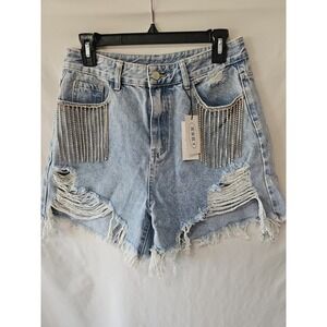 Cider Rhinestone Fringe Pocket Distressed Denim Shorts L Festival Rodeo Boho NWT